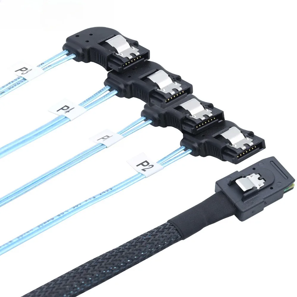Mini SAS SFF-8087 Macho para 4 SATA 7P Fêmea Cabo de servidor de alta velocidade com curvatura direita - Ideal para transmissão de dados eficiente