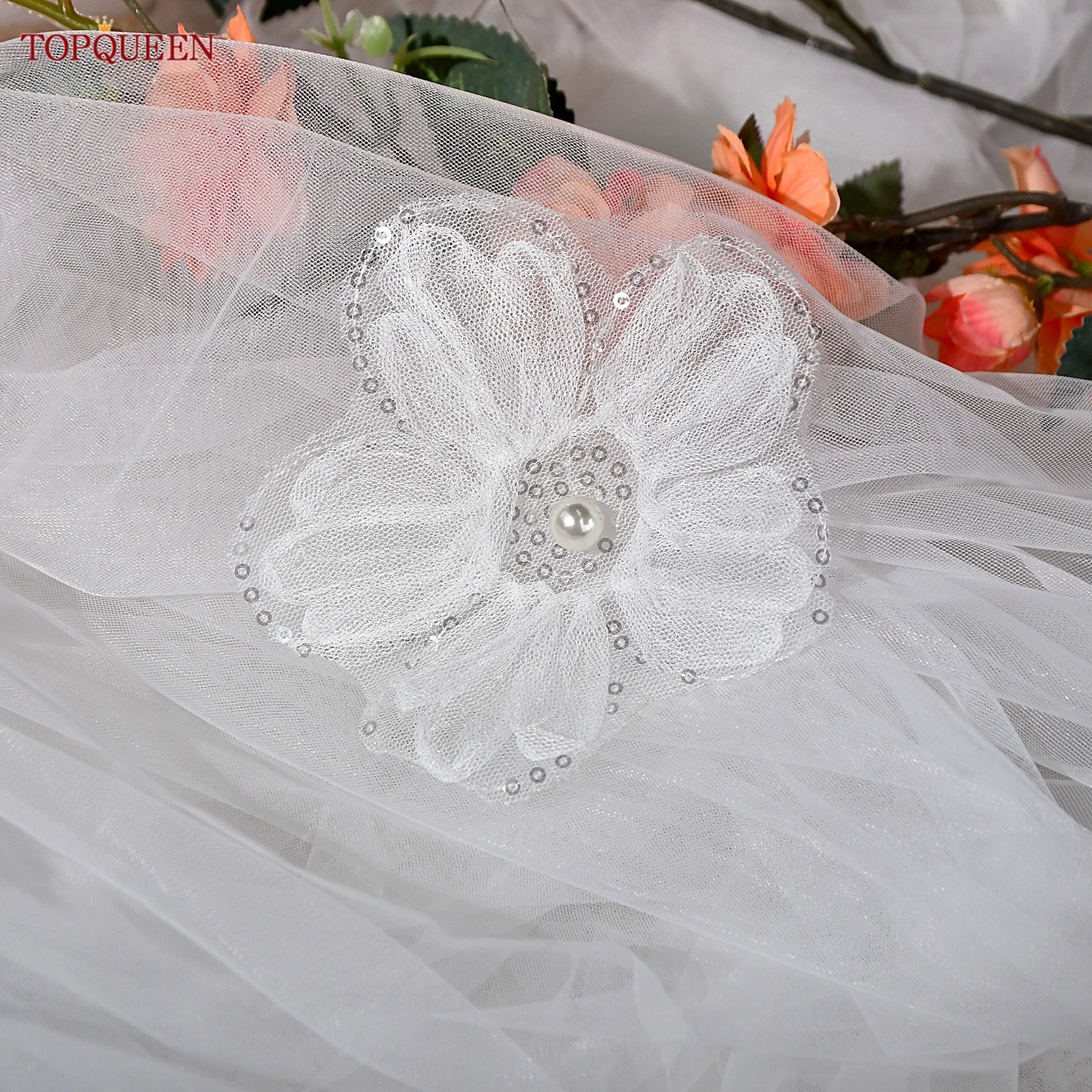 TOPQUEEN 3D Floral Bridal Veil Velo De Novias Catedral Extra Long Trailing Veil White / Cream White Wedding Accessories V202