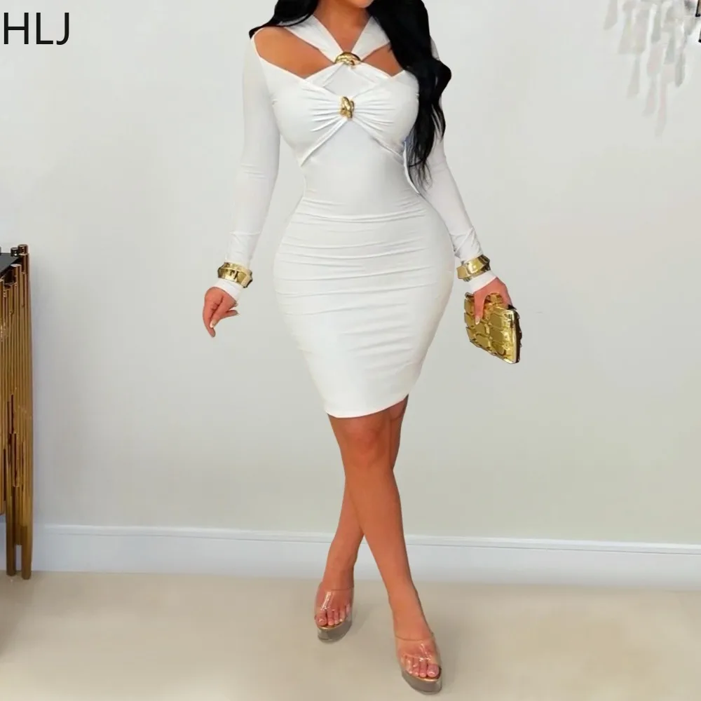 

HLJ Elegant Hollow-out Bodycon Dresses Woman Solid Color Off-shoulder Long Sleeves Dress Female Party Clubwear Birthday Vestidos
