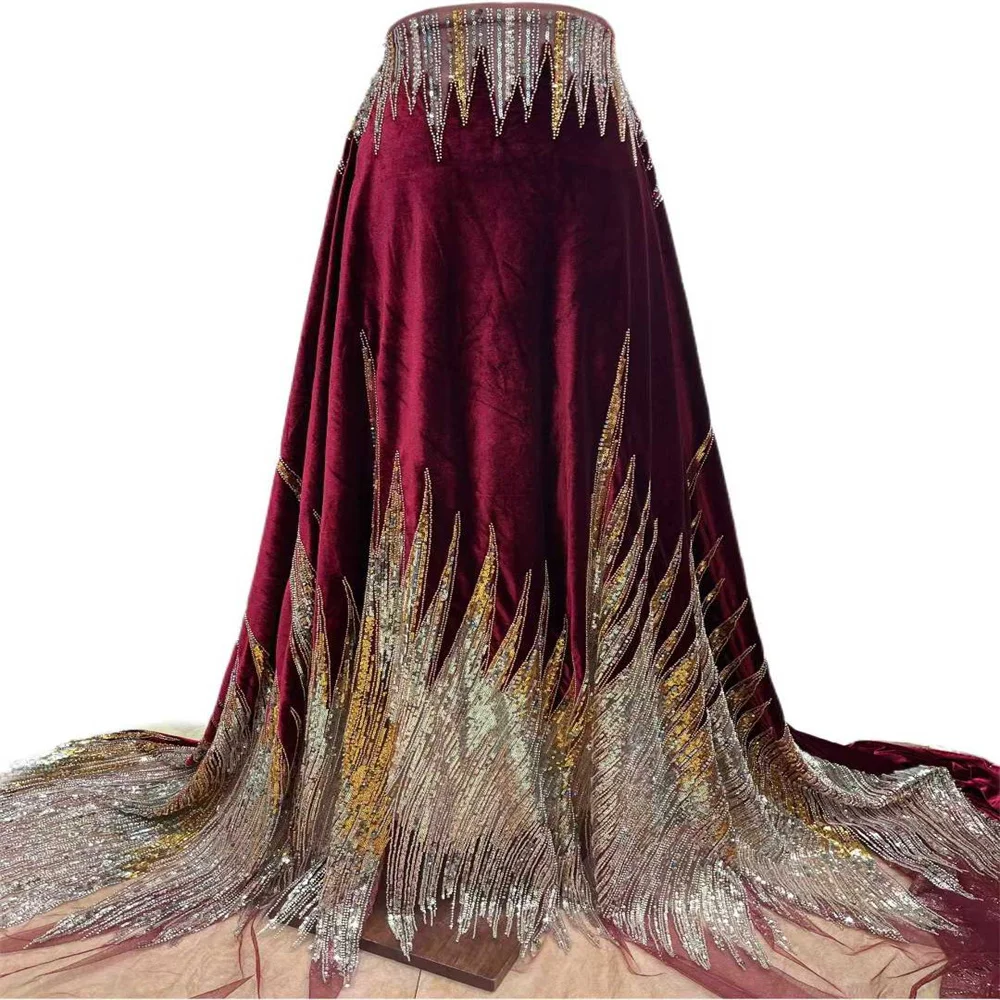 

High Quality African Sequins Nigerian Lace Fabric French Beaded Velvet Lace Fabric for Women's Party Dresses And Sewing