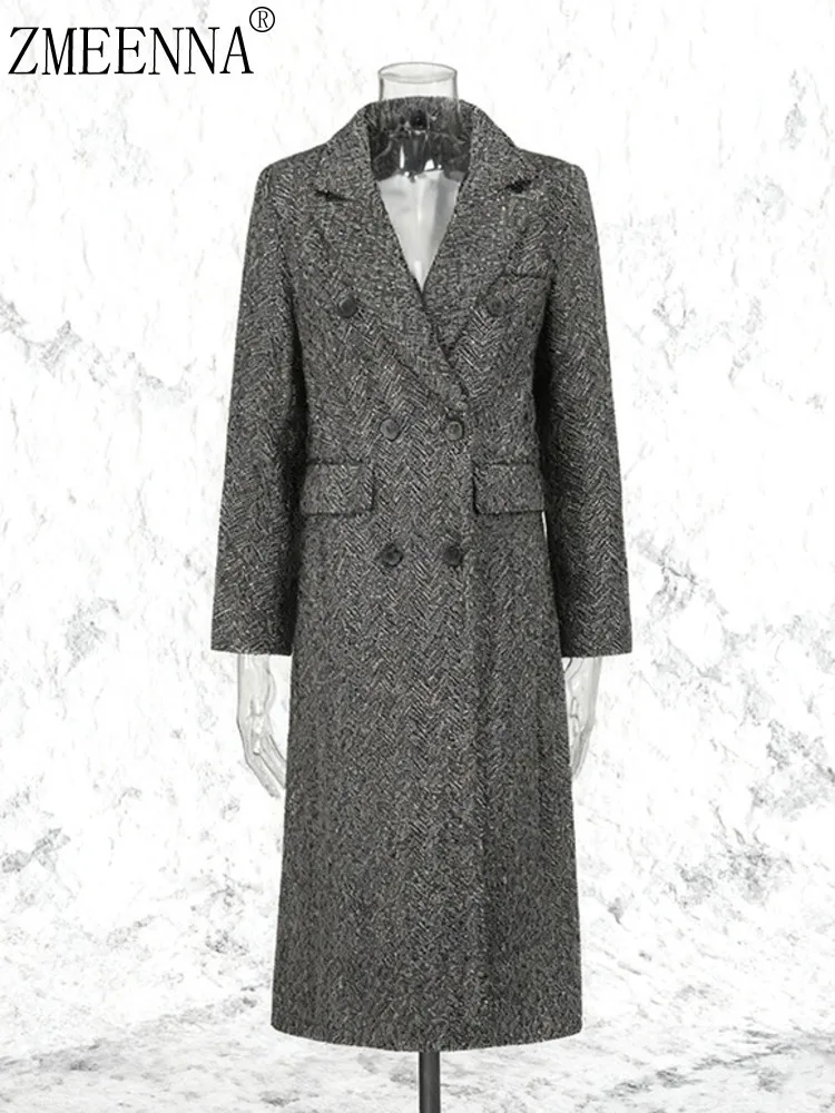 

ZMEENNA Women's Gray Black Herringbone Tweed Wool Blend Long Coat Double Breasted Lapel Collar Fitted Winter Outerwear ZM4245