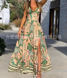 Tropical Print High Slit Maxi Dress Women Floral Backless Summer Party Dresses High Waist Boho Split Long V-Neck Beach Vestidos