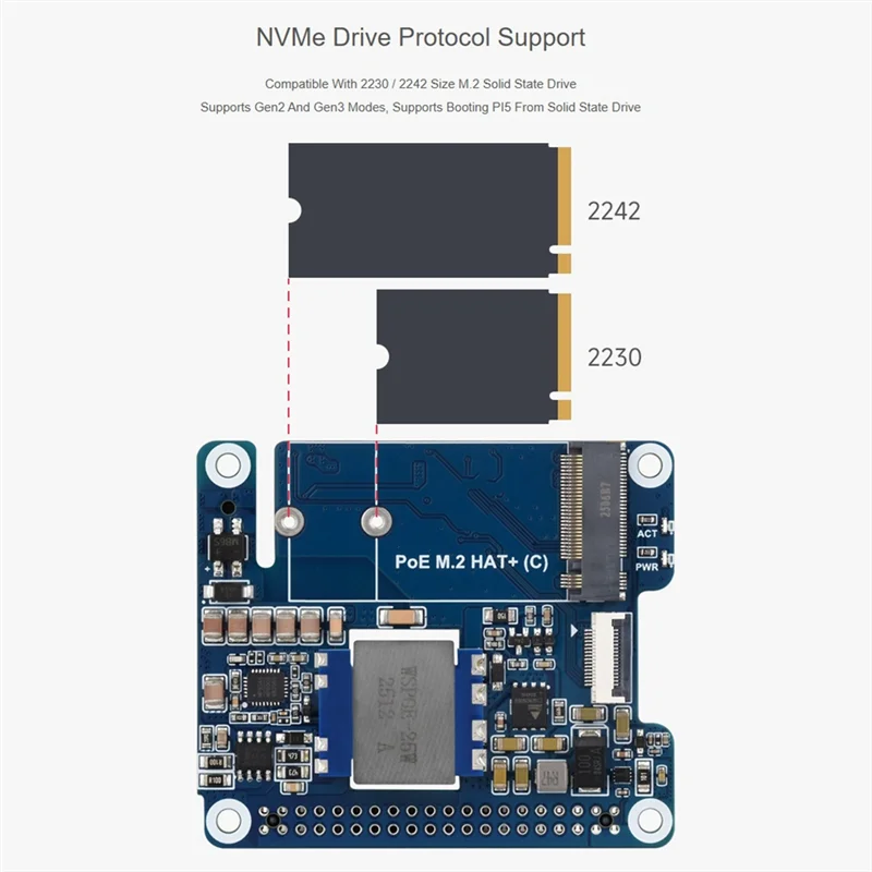 

Высокоскоростное считывание ABSQ POE M. Адаптер 2 HAT+ с функцией Poe для Raspberry Pi 5, поддерживает протокол Nvme M. 2 Твердотельный накопитель