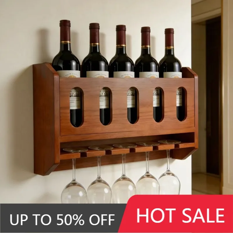 Luxury Wall Mounted Wine Racks Wooden Red Wine Bottle Rack Inverted High Footed Cup Holder House Restaurant Wall Decor Shelf