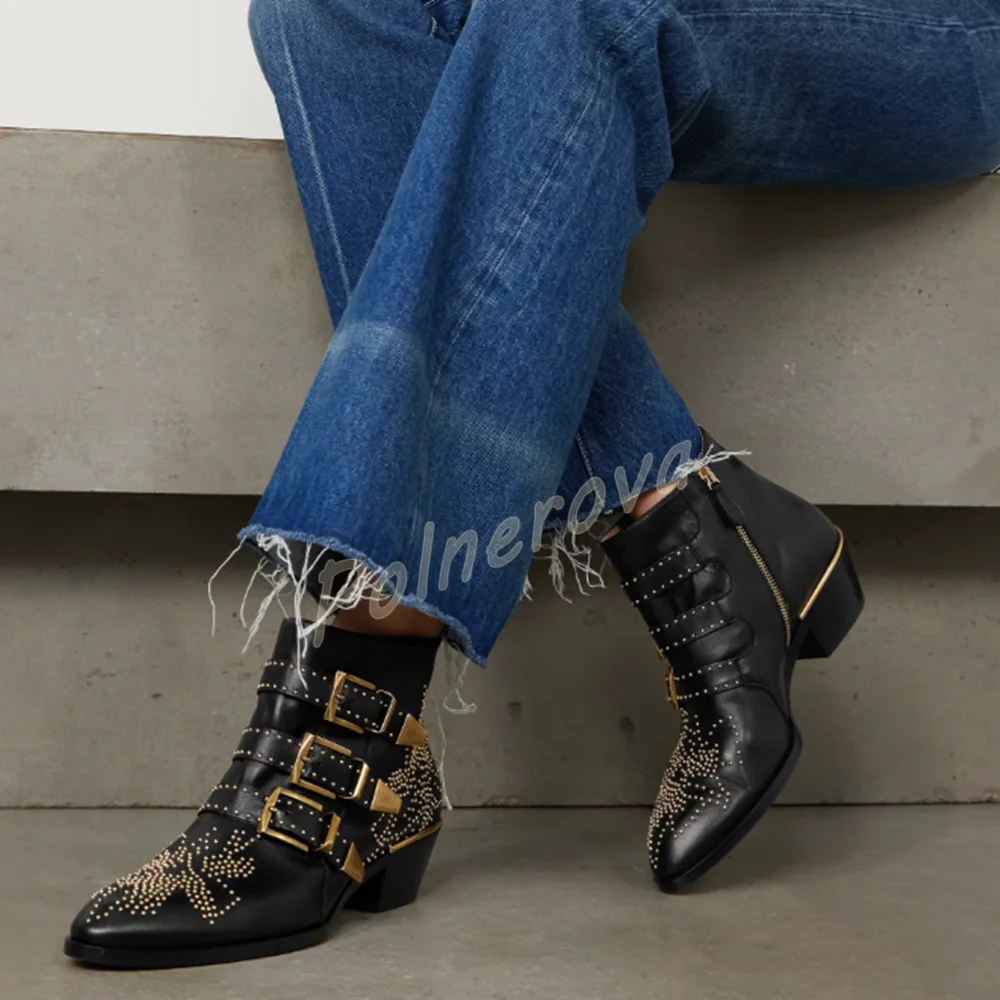 Rivet Multi Buckle Ankle Boots Pointed Toe Block Heel Side Zipper Western Cowboy Short Boots Studded Fashion Daily Ladies Shoes