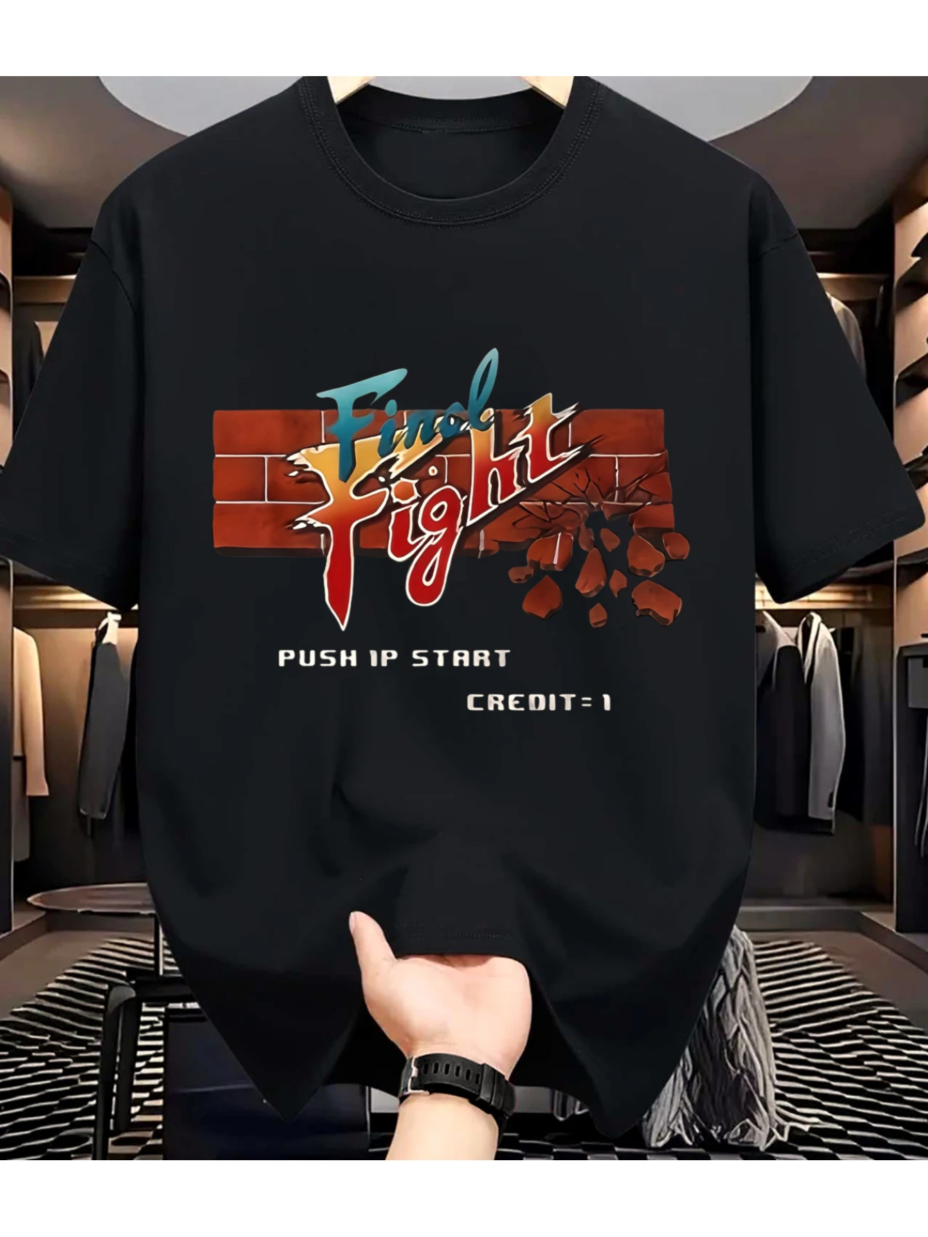 Men's Arcade Game T-Shirt – Final Fight Logo Classic Arcade Design – Black Loose-Fit Tee  graphic t shirts vintage t shirt