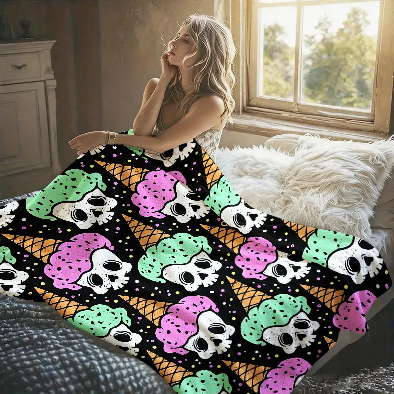 Skull Ice Cream Halloween Flannel Blanket Warm Soft Halloween Christmas Decorative Couch Warm Cozy All-Season Gift