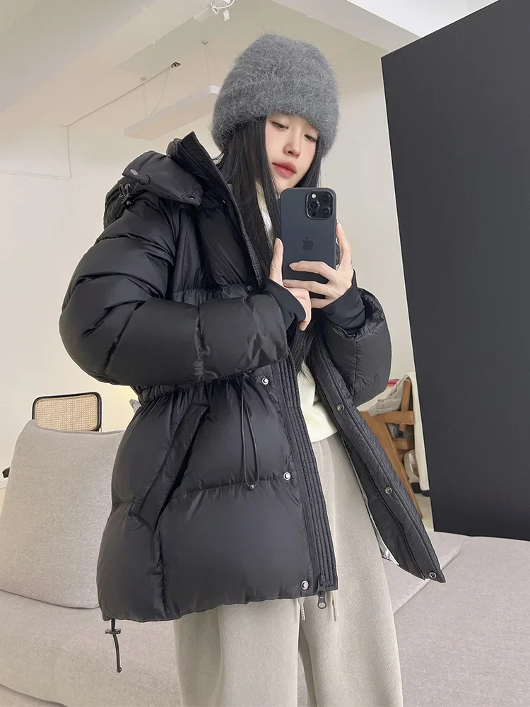 Autumn Winter New Thick Hooded Down Jacket Women Medium Length Stand Collar Zipper Waist Rope Warm Puffer Jacket Fashion Female