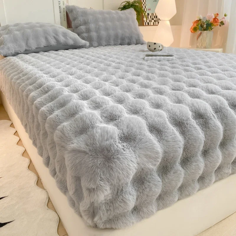 Fluffy Plush Fitted Bed Sheet for Winter Rabbit Fleece Bed Sheets Elastic Winter Warm Thicken Mattress Protector