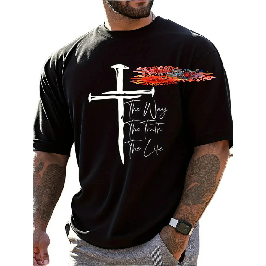 Men's Christian faith pattern T-shirt-The Way The Truth The Life Cross design, 100% cotton breathable short-sleeved T-shirt.
