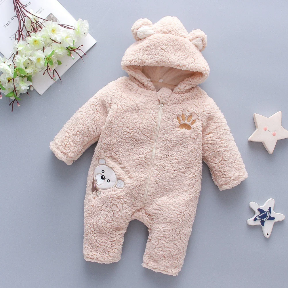 Synpos Autumn Baby Girls Clothes 1 Year Warm Hooded Zipper Romper 0-24 Months Winter Trendy Cartoon Bear Jumpsuit Infant Boy