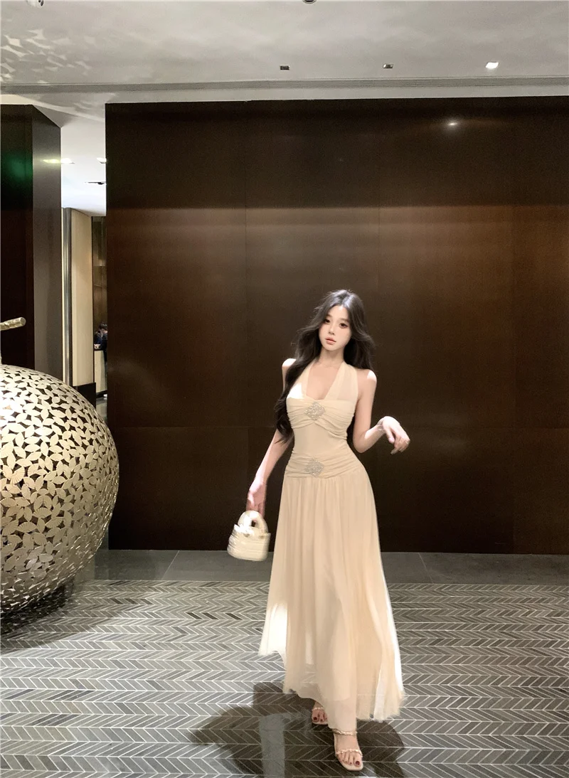 

Женское платье Coigarsam во французском стиле — сексуальные длинные платья абрикосового цвета с высокой талией и v-образным вырезом на лето и весну