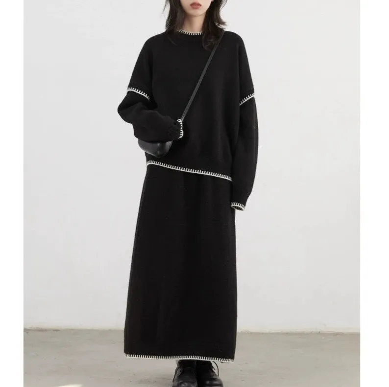 Knit Skirt Sets Women Two Piece Patchwork Sweater O Neck Pullovers Long Skirts Suits A Line Casual Spliced Elegant Autumn Winter