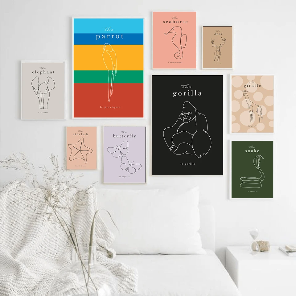 Line Draw Animal Cat Deer Giraffe Elephant Poster and Print Nursery Wall Art Canvas Painting Children Picture Nordic Home Decor