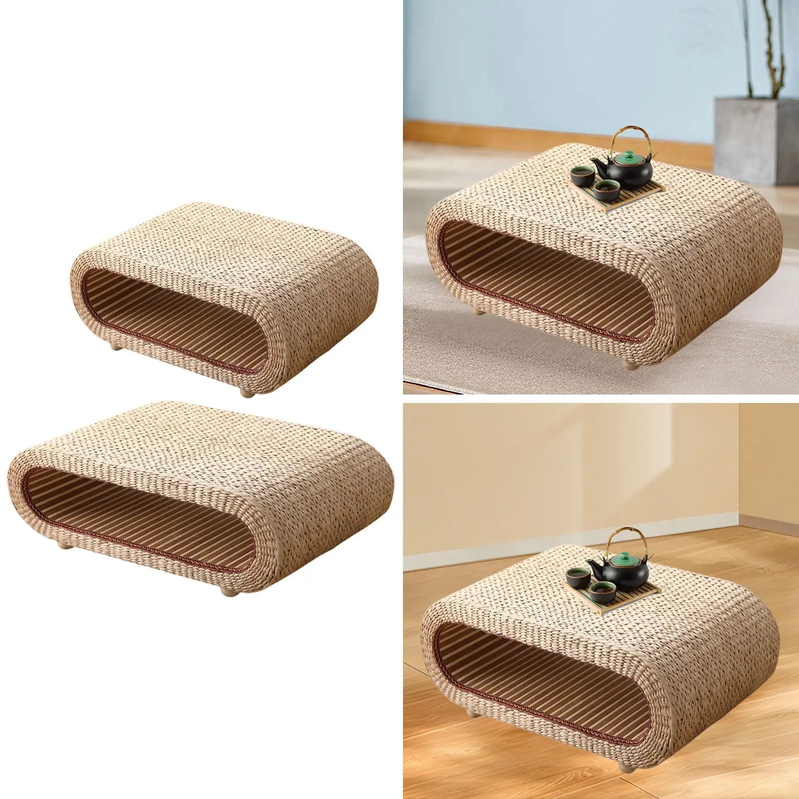

Straw Rattan Coffee Table Small Dining Table Multiuse Vintage Design Meditation Low Table Balcony Floor Table for Balcony