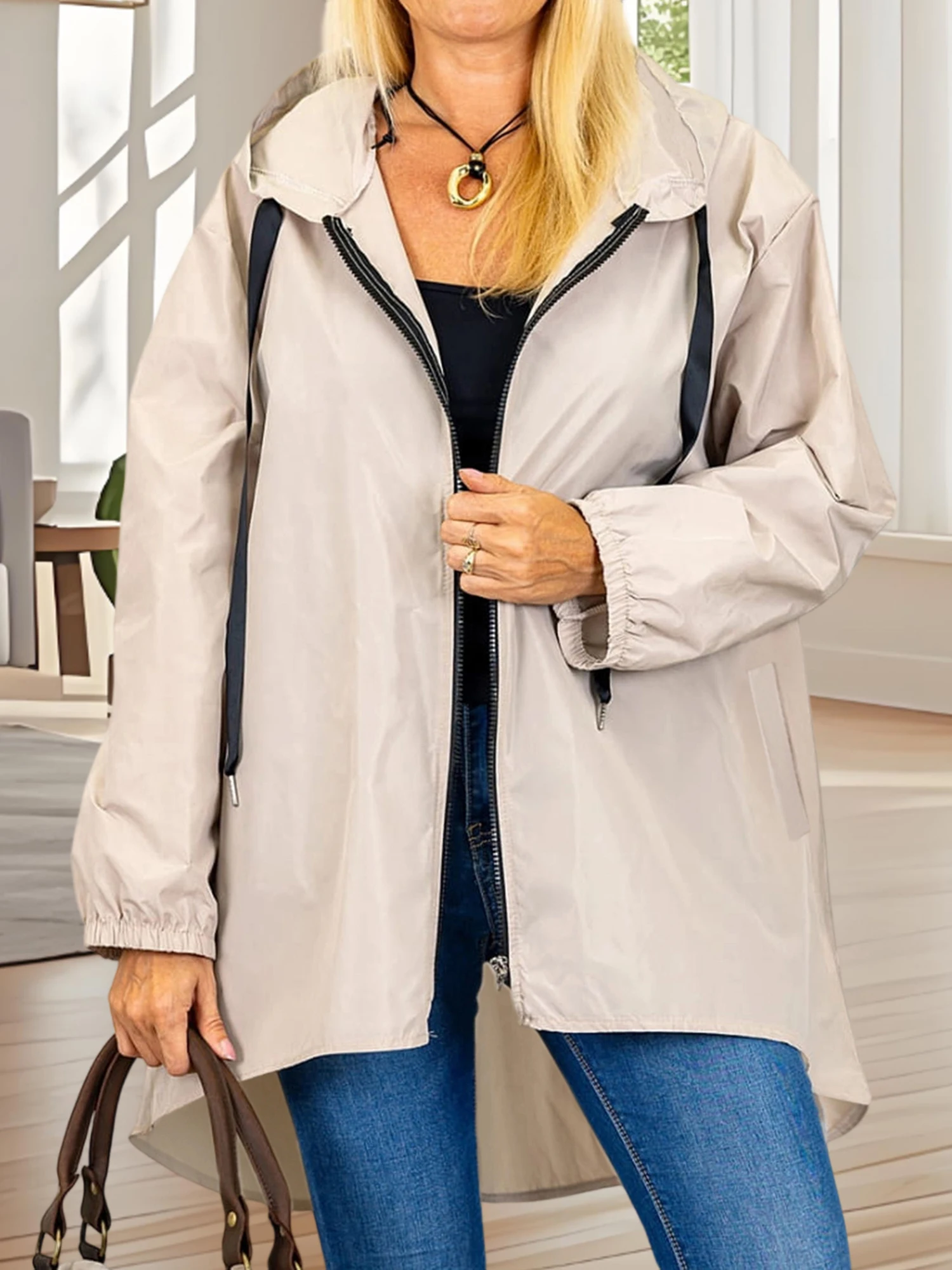 

Women s Plus Size Fall Jacket with Hood Long Sleeve Loose Jacket Casual Windbreaker Outerwear