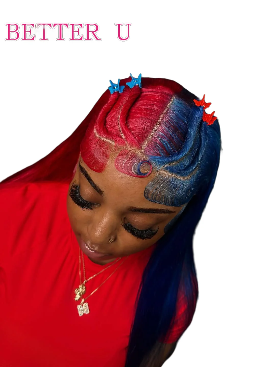 الأحمر مع الأزرق شعر مستعار بشري داكن مستقيم الدانتيل الباروكات الأمامية قبل قطعها البرازيلي نغمتين الملونة 13x4 13x6 الدانتيل شعر مستعار أمامي #4