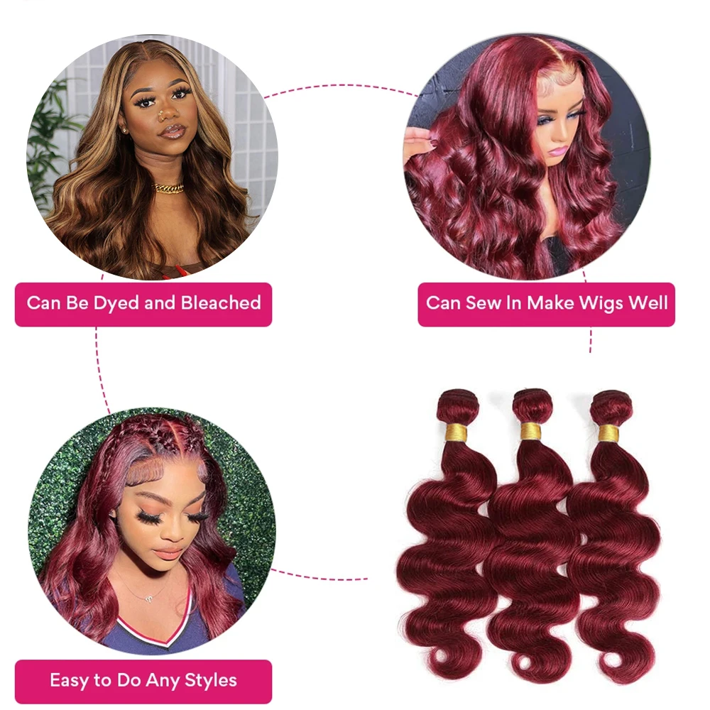 Bundles brésiliens de vague de corps de couleur rouge bordeaux, 100% faisceaux de cheveux humains, # 99j Bundle, extensions de cheveux, tissage