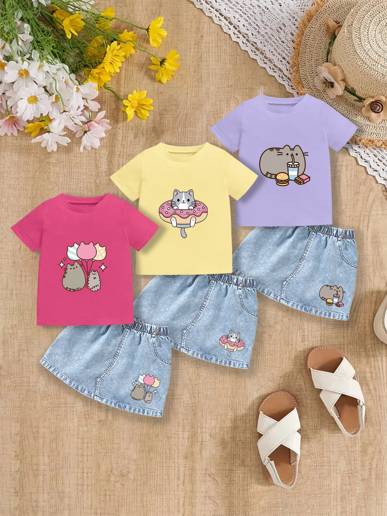 

6 шт.: Летнее джинсовое платье для девочек, костюм с рисунком «Едание закусок», кошка, пончик, кошка, воздушный шар, держащий кошачий принт