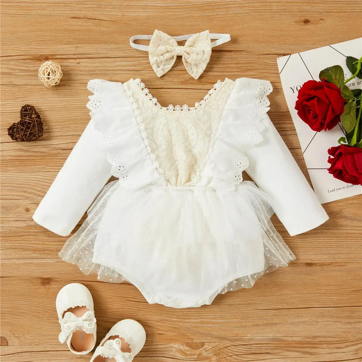 Spring Fall Newborn Baby Girls Romper Outfits Ruffle Long Sleeve Floral Lace Mesh Tutu Jumpsuit with Headband