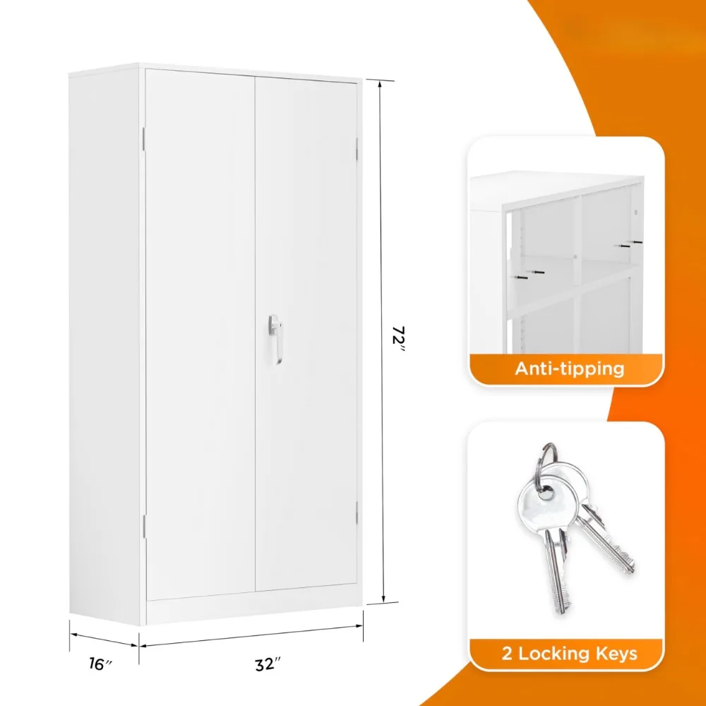 2024 New 72" Office Storage Cabinet with Locking Doors and 4 Adjustable Shelves, White Lockable Steel Cabinet