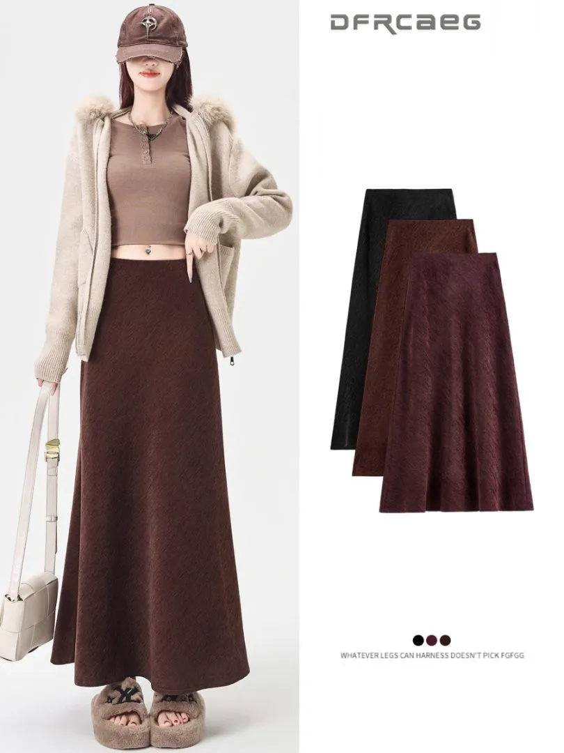 

Autumn Winter Retro Slim Corduroy Fishtail Skirt For Women High Waist Casual Drooping Korean Maxi Trumpet Skirts Lady