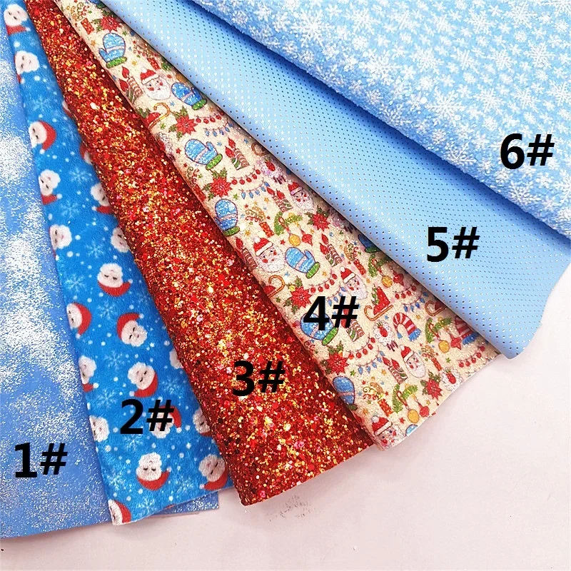 Red Glitter Leather Sheets Snowflakes Printed Glitter Fabric Metallic Faux Leather Santa Velvet for DIY Craft 8.2