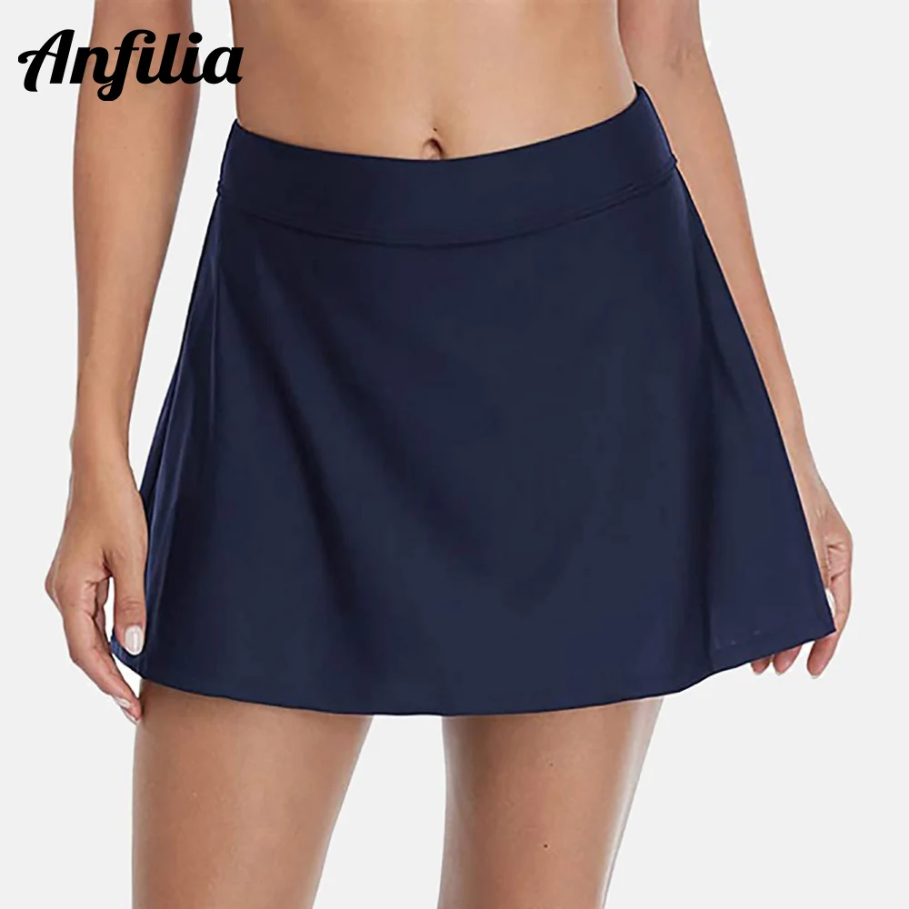 

Anfilia Women Swimming Skirt Build-in Brief Swim Skorts Solid Swimming Bottom Tankini Bikini Bottoms