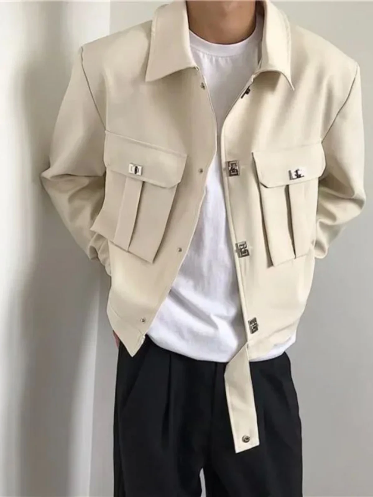 

Casual Square Collar Jaet for Men Loose Fit Modern Sle Long Sve Windproof Outerwear Youth ular Autumn Faion