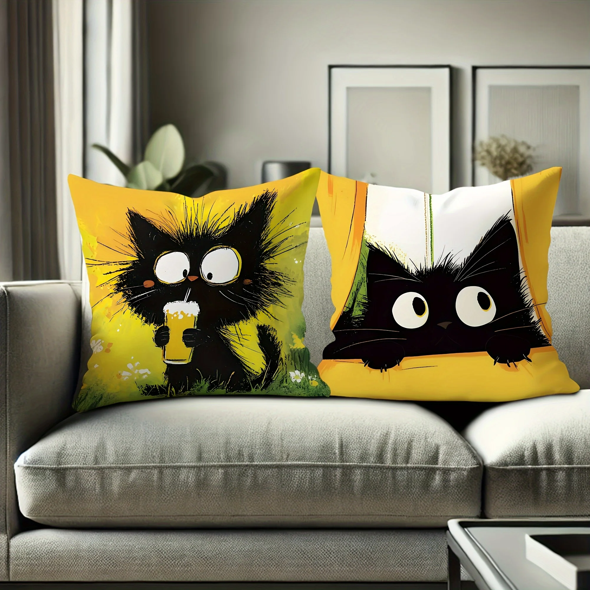 4pcs Fun Black Cat Print Pillow Covers – Perfect for Home, Living Room, Bedroom & Sofa Decor (Inserts Not Included)