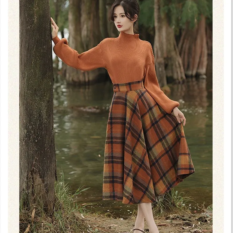 Women\'s Spring Autumn Vintage Plaid Long Skirts Sweater Two-Piece Set French Lady Graceful Knit Pullover High Waist Skirt Outfit