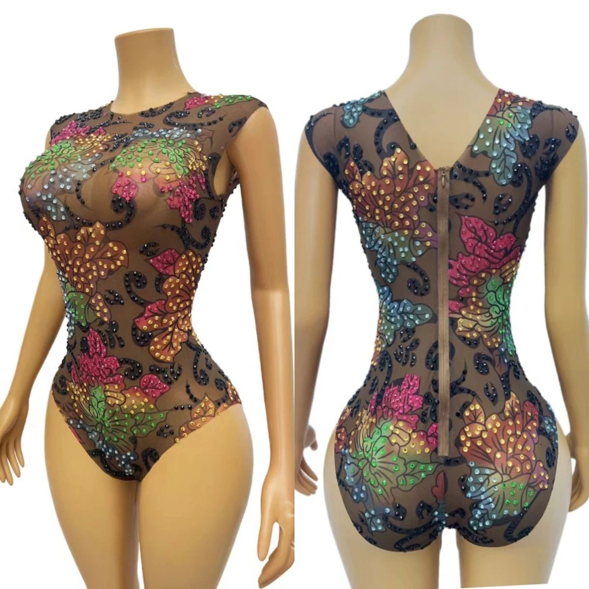 

Black See Through Mesh Bodysuit Nightclub Party Stage Performance Outfit Evebt Show Sparkly Rhinestone Dance Wear Caihuagaocha