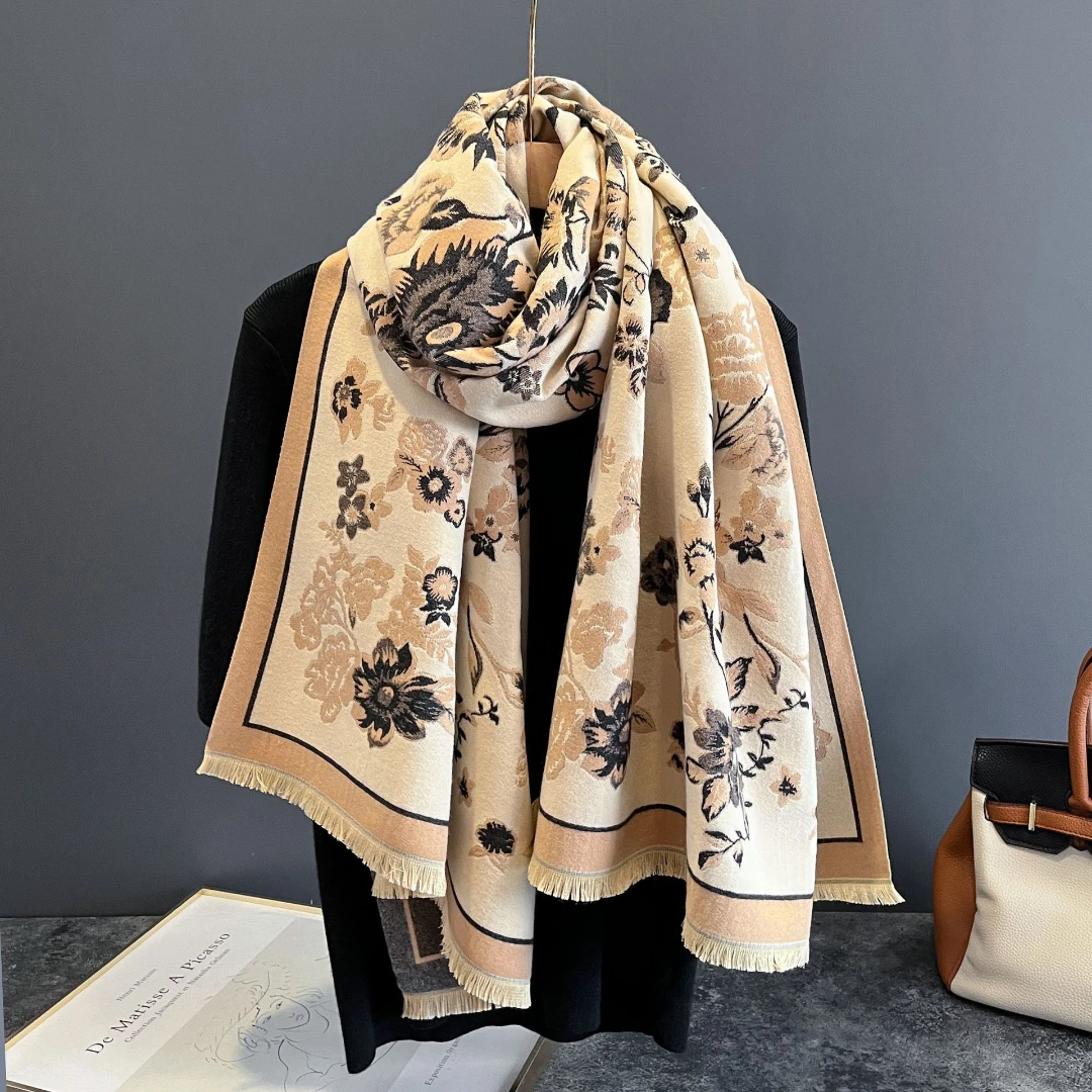 Women Oil Painting Faux Cashmere Scarf Floral Print Fringe Shawl Thick Warm Stole Wrap Cape for Autumn Winter Daily Outfits
