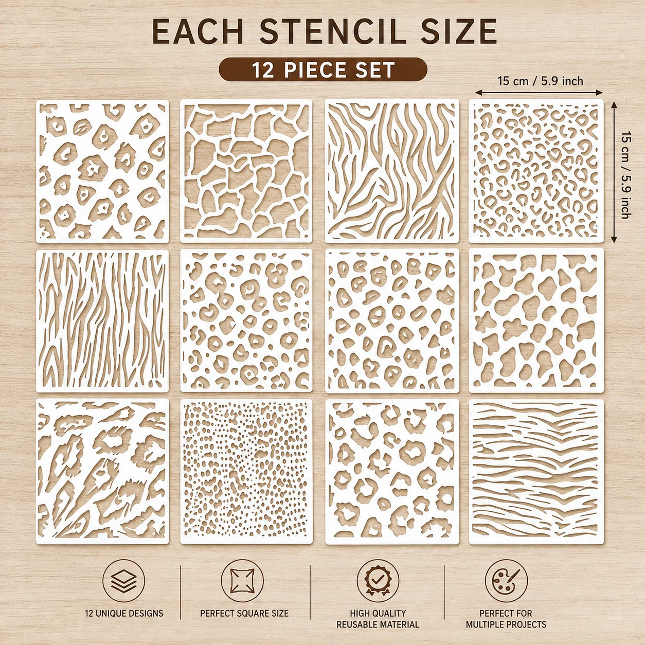 12Pcs Animal Print Stencils 5.9 x 5.9 Inch Leopard Zebra Giraffe Tiger Painting Templates for Wood Signs Walls Furniture DIY Cra