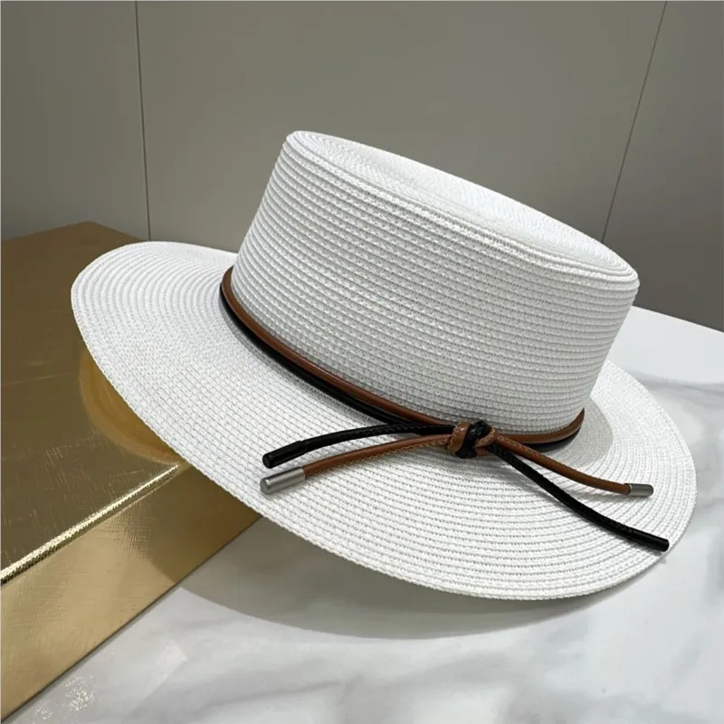 Flat-topped hat women's woven breathable laced top vacation and leisure large-brimmed