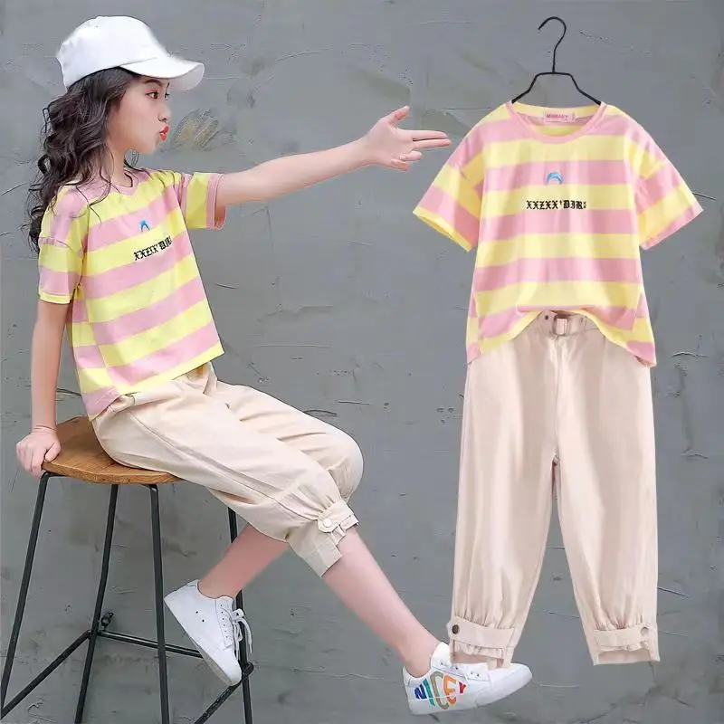 Kids Girls Clothes Sets Summer Fashion Sport Short Sleeve Stripe Shirts + Pants 2PCS Tracksuit Children Clothes Teen 6 8 10 12 Y