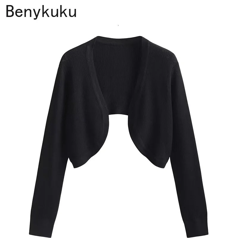 

Black White Knit Top Cropped Cardigan Sunscreen Women Shawl Spring Summer Open Stitch Casual Coat Long Sleeve Cardigan Feminino