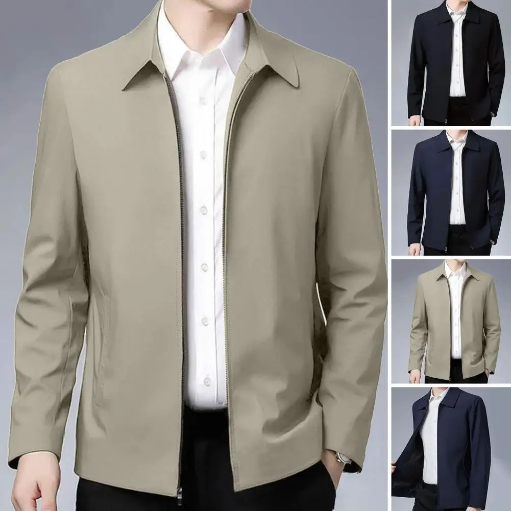 Men Jacket Elegant Mid-aged Men's Lapel Jacket with Zipper Closure Pockets for Formal Business Casual Wear in Spring Fall Solid