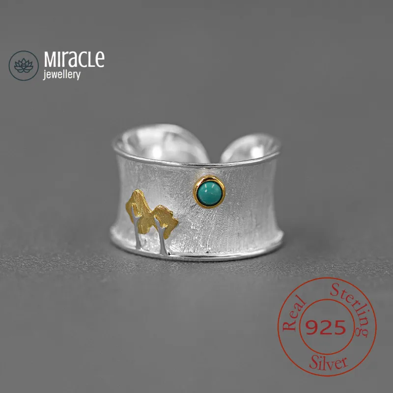 

Miracle Sterling Silver 925 Original Silent Play Real Silver Tree And Night Moon Niche Design High-End Wide Open Ring
