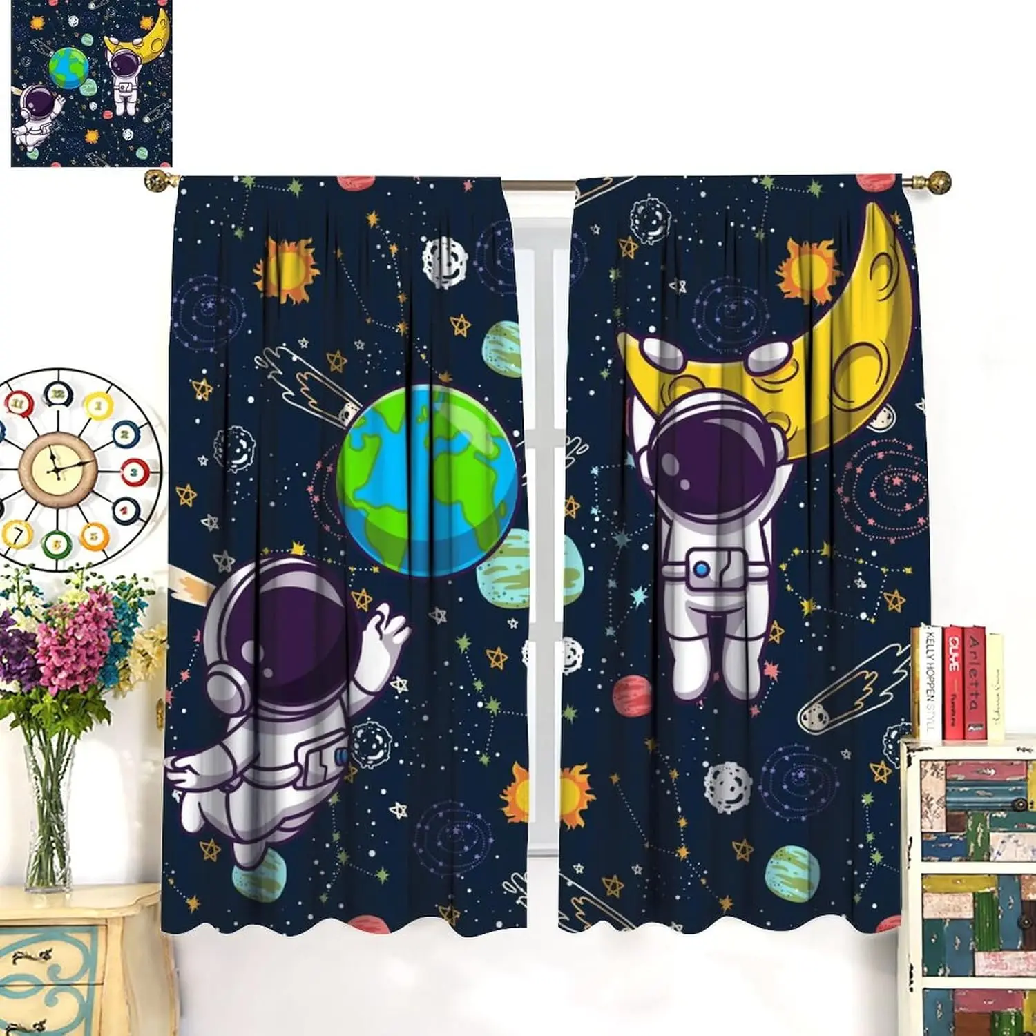 Astronaut Blackout Curtains for Boys Bedroom,Space Cartoon Funny Spaceman with Earth Moon Rod Pocket Insulated Darkening Window