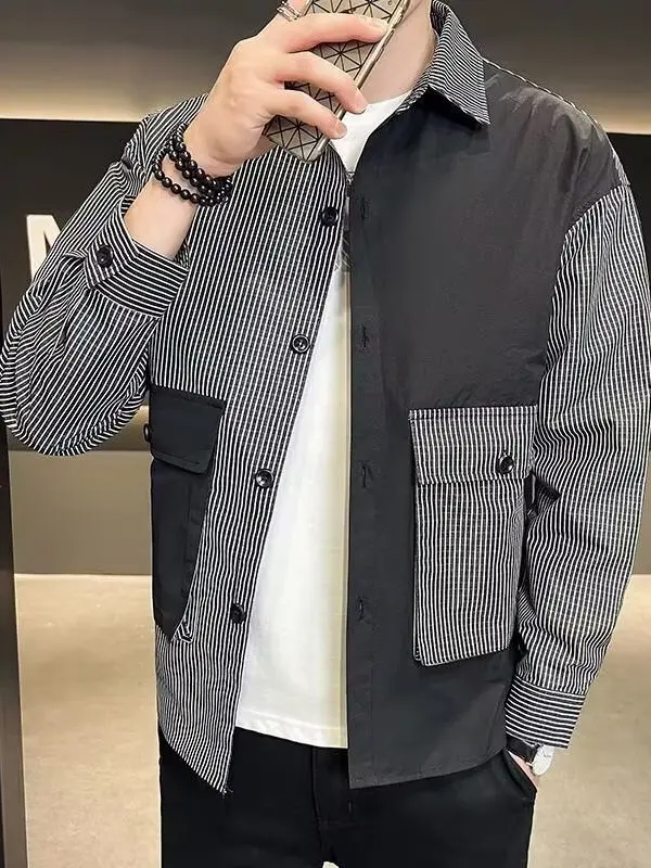 Spring Autumn Loose Fit Long Sleeve Striped Shirt Men's Collared Workwear Style Hong Kong Style Outerwear Color Block Design