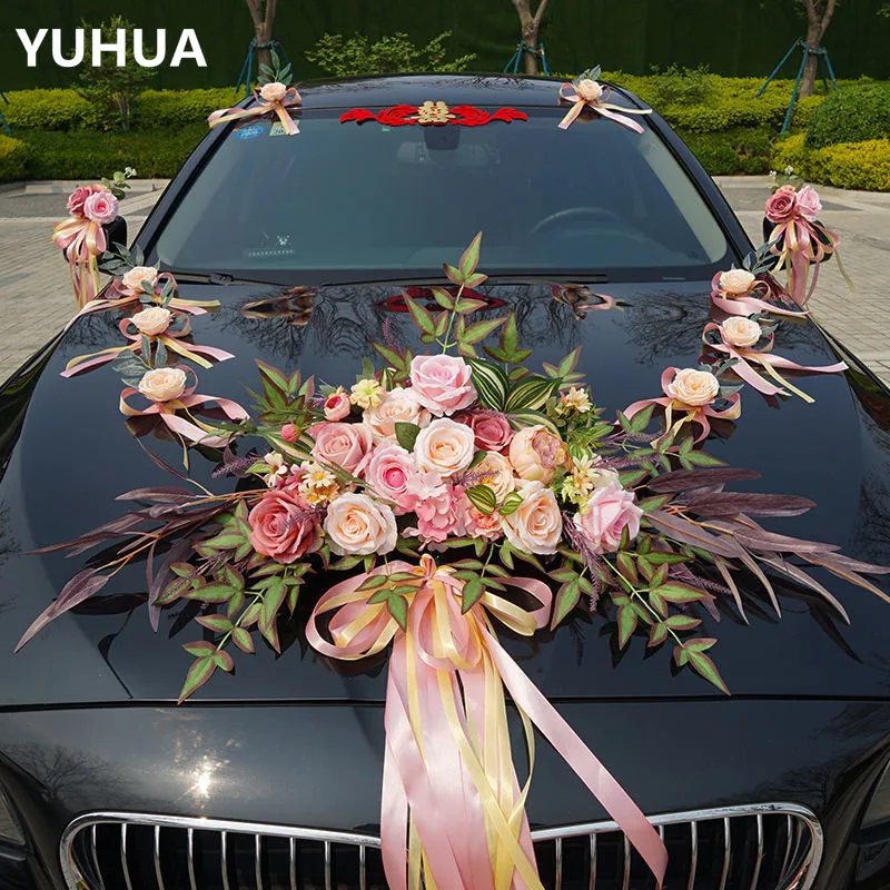 

Wedding Car Flower Decoration Set Bridal Bows Decorations Door Handle Ribbons Artificial Flower Silk Rose with Green Plant2023