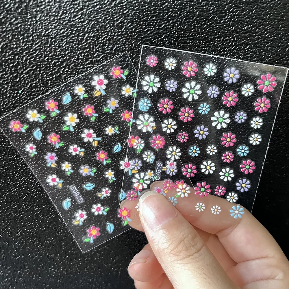 24 pieces random style fluorescent flower nail art sticker set 3D shiny pink daisy love nail stickers