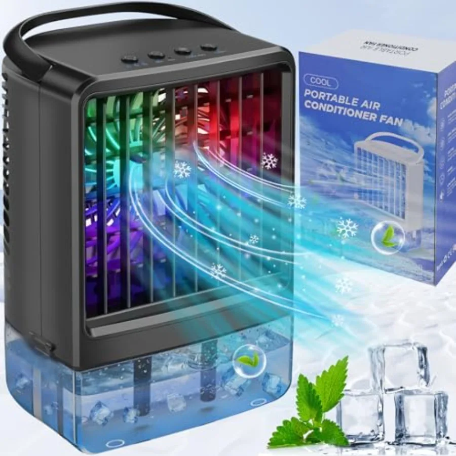 

Portable Air Conditioners Fan for home bedroom office outdoor use, ABS plastic body, white with 7-color LED light, quiet operat