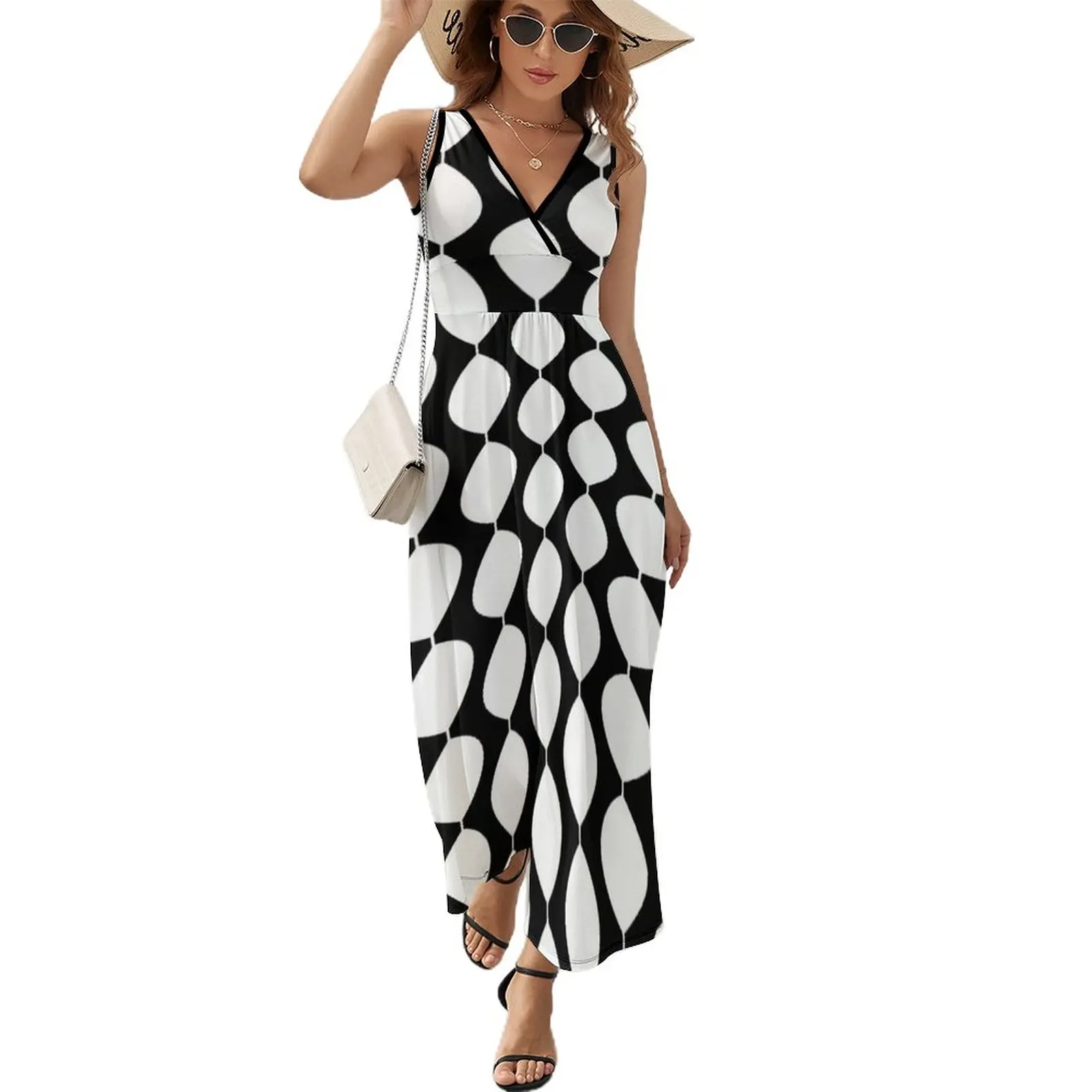 

Mid Century Modern Retro 60s Waves Pattern(White) Sleeveless Dress Women long dress Bride dresses prom clothes evening dress