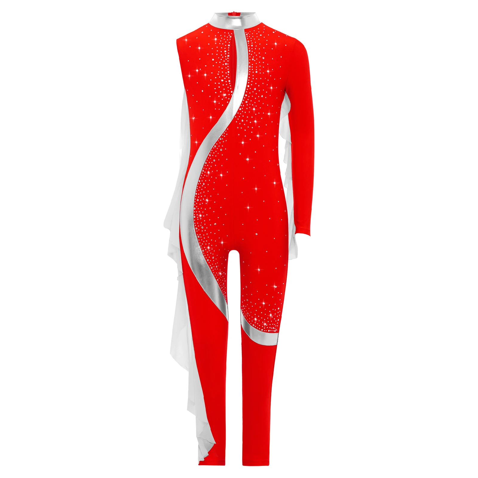 

Girls Sheer Mesh Ruffles Lyrical Gymnastics Jumpsuit Long Sleeve Invisible Zipper Full Body Leotard Yoga Jazz Dance Bodysuit