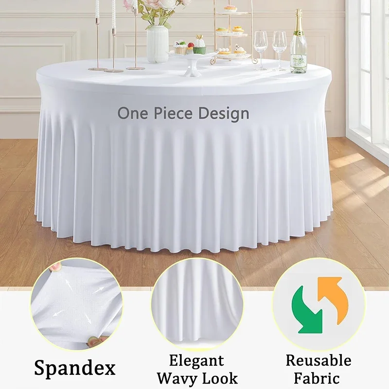 White Round Spandex Tablecloth Stretchy Fitted Wrinkle Free Table Cover with Skirt for Wedding Party Buffet Birthday Photography