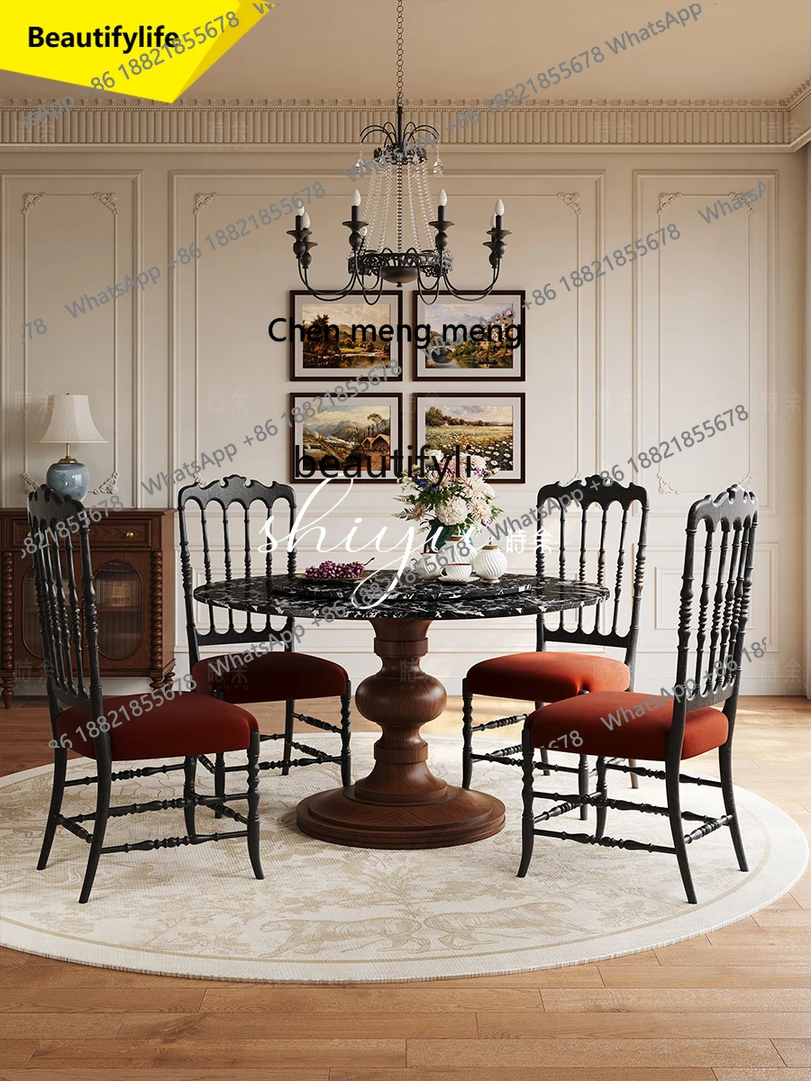 

P178 Dining Table French Retro Marble Luxury Stone Round Dining Table Vintage Style Solid Wood Table