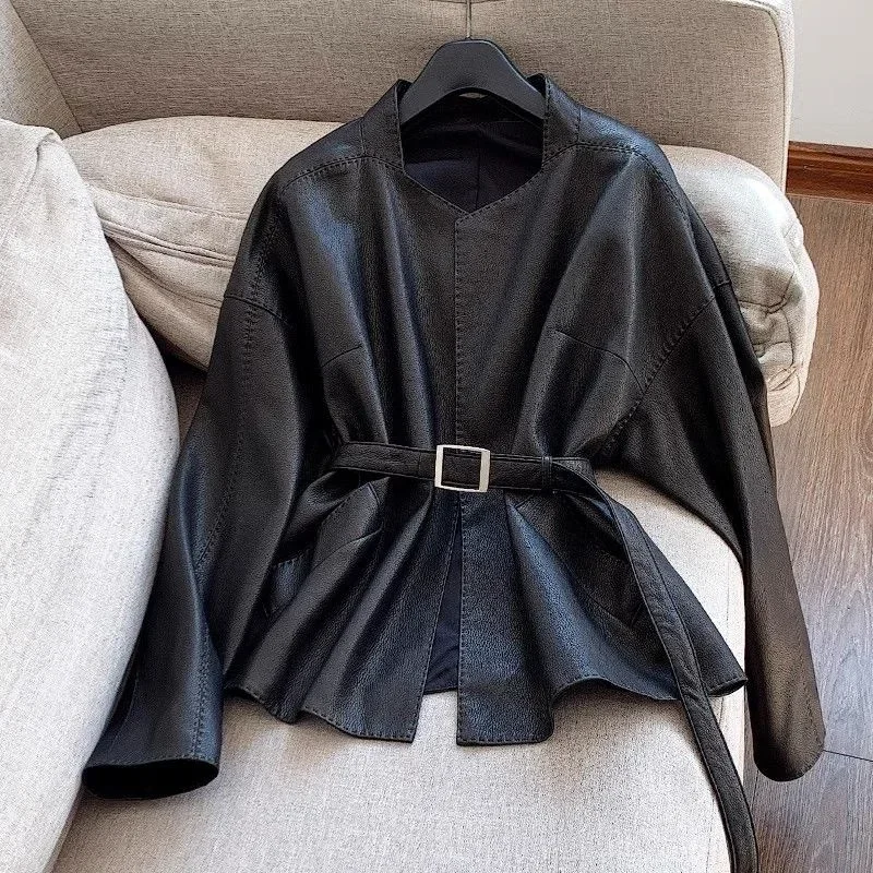 Mode Gürtel Pu Lederjacke weiblich neue Frühling Herbst Mantel mittellange schwarze Motorrad Mantel Oberbekleidung Straßen dekoration