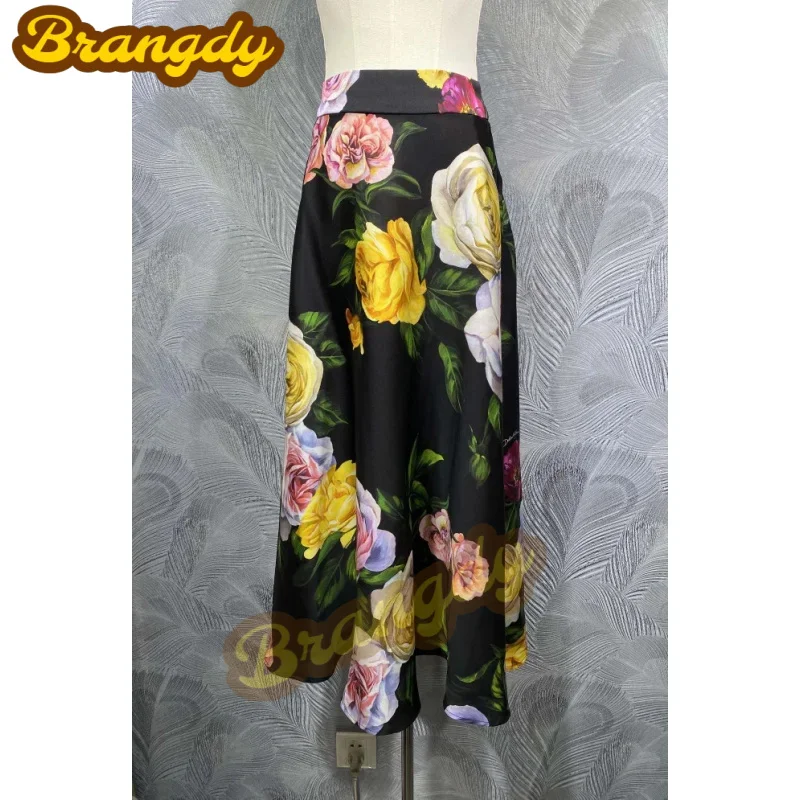 

Brangdy Luxury 2025 Spring New Silk Printed Waist-Controlled Skirt